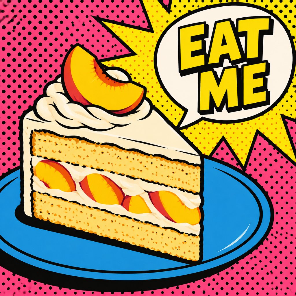 Slice of vanilla peach cake with a sign that says eat me