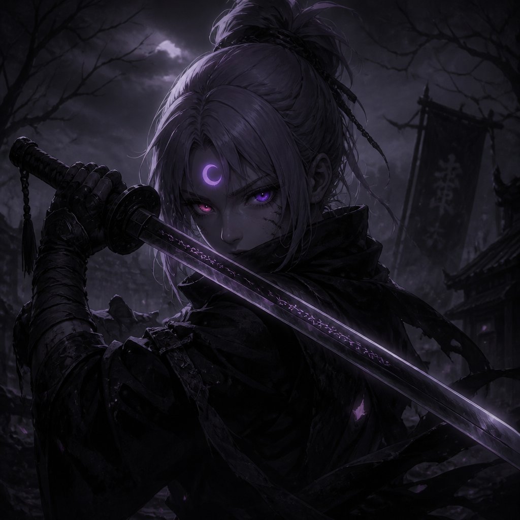 female assassin with light purple haired moon mark katana one purple moon eye one pink