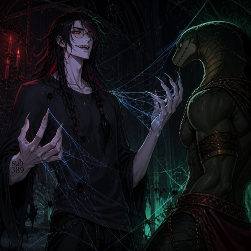 Man, tall, pale,green and blue long hair mysterious Anime white male, name Lloyd, hair messy long one loose braid, black hair with light red stripes, clean shaven,red eyes, long scary fingers spider fangs, glasses, sarcastic, cold, laugh mockingly, traumatized,was a unwillingly experiment many years before getting rescued, no memory of his past, has power of a spider, poisonous makes spider webs with his hands, can communicate and control spiders, on right arm a print says sub 389, doesn't remember anything from his past,very dangerous.snake man is trying to get Lloyd to talk about the experiment he went through, Lloyd coldly says “I have no answer”