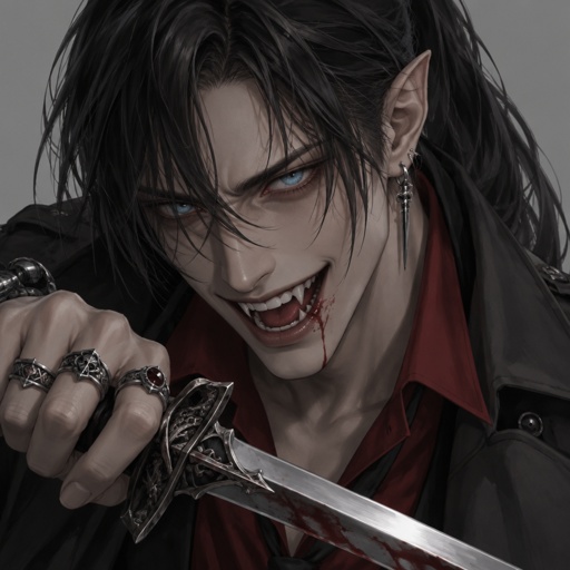 Male, Asian, black ponytail with side bangs on one side, blue eyes, trench coat, vampire, ear piercing, rings, pointy ears, sword, insane, red shirt