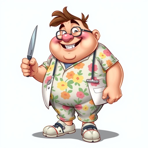 create a fat doctor. Who is funny human looking from head to toe. And he always immediately results to surgery for anything even small things. So please be sure to show his whole outfit head to toe. Make him have 1 tooth