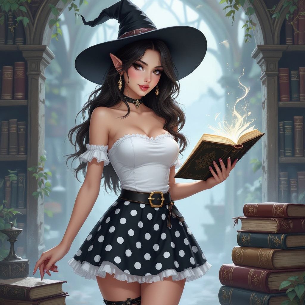 Tight Black and White Polka Dot Miniskirt Elf Witch Librarian with Brunette Hair. Tight white tube too and witches hat. Picking up a Book