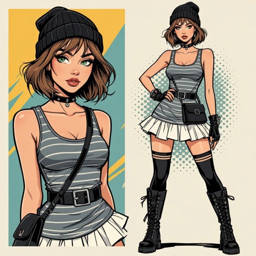 Light Brown Short Hair Babe Striped gray tank dress with white ruffled mini-skirt, thigh-high socks, chunky black buckle boots, black beanie, and cross-body bag — casual goth-punk streetwear.