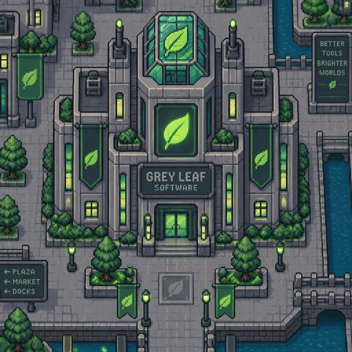 Business called grey leaf software full building, for a futuristic fantasy city game, exterior, top down style