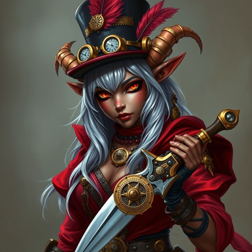 Dungeons and dragons female tiefling rogue. Silver hair, bronze skin, red clothing. Small horns