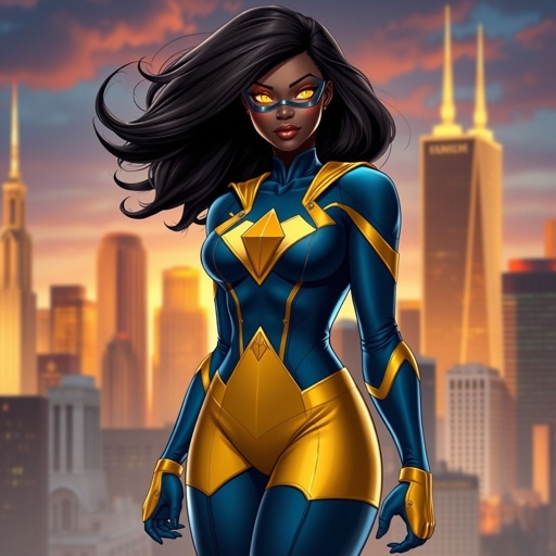 African American female superhero with hair in a shoulder length side part hairstyle with pure Gold Glowing eyes wearing a navy blue and gold suit with navy blue pants and gold knee length boots with a diamond with the top half gold and the bottom half black as her chest emblem in Philadelphia
