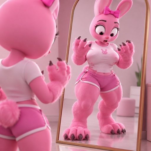 Pinki from sprunki standing in front of her mirror as she is in her kind Wererabbit form and she notices that she is getting bigger and stronger with her hands and feet transforming into Wererabbit paws claws and all with her body and her boobs getting larger with her clothes stretching to accommodate her changing body and she realises that she’s getting bigger and stronger for Jevin from Sprunki 