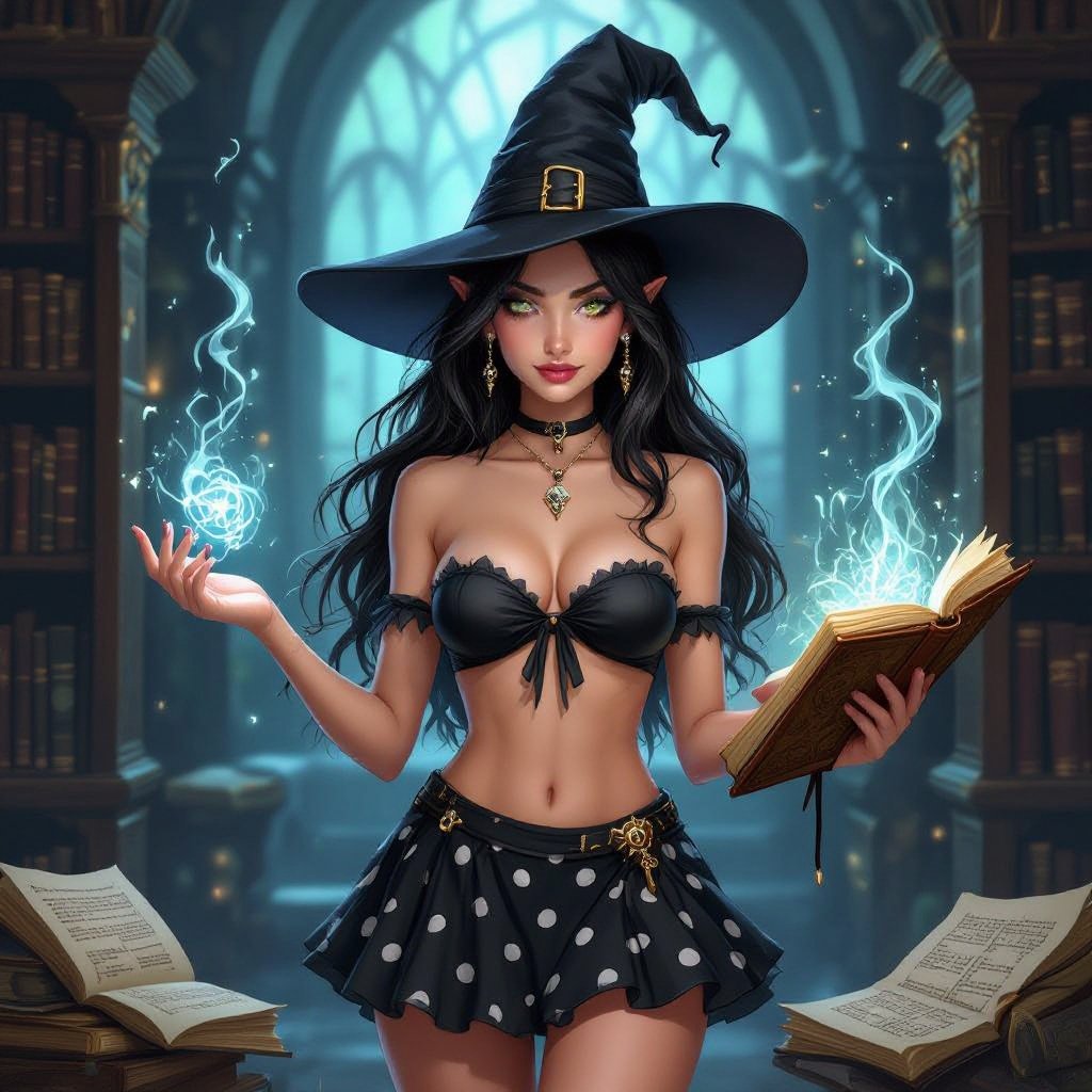 Dark Brunette Elf Witch Librarian with With Hat. Strapless Bathing Suit Top and Black and white Polka Dot Mini Pencil Skirt