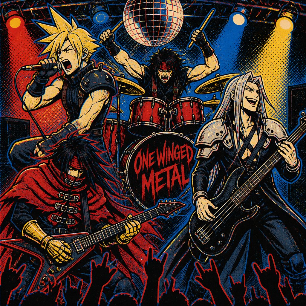 Cloud Zack Sephiroth and Vincent from ff7 cloud singing heavy metal and Zack aggressively playing drums Sephiroth aggressively playing base and laughing and Vince viciously playing the guitar on a stage with a disco ball