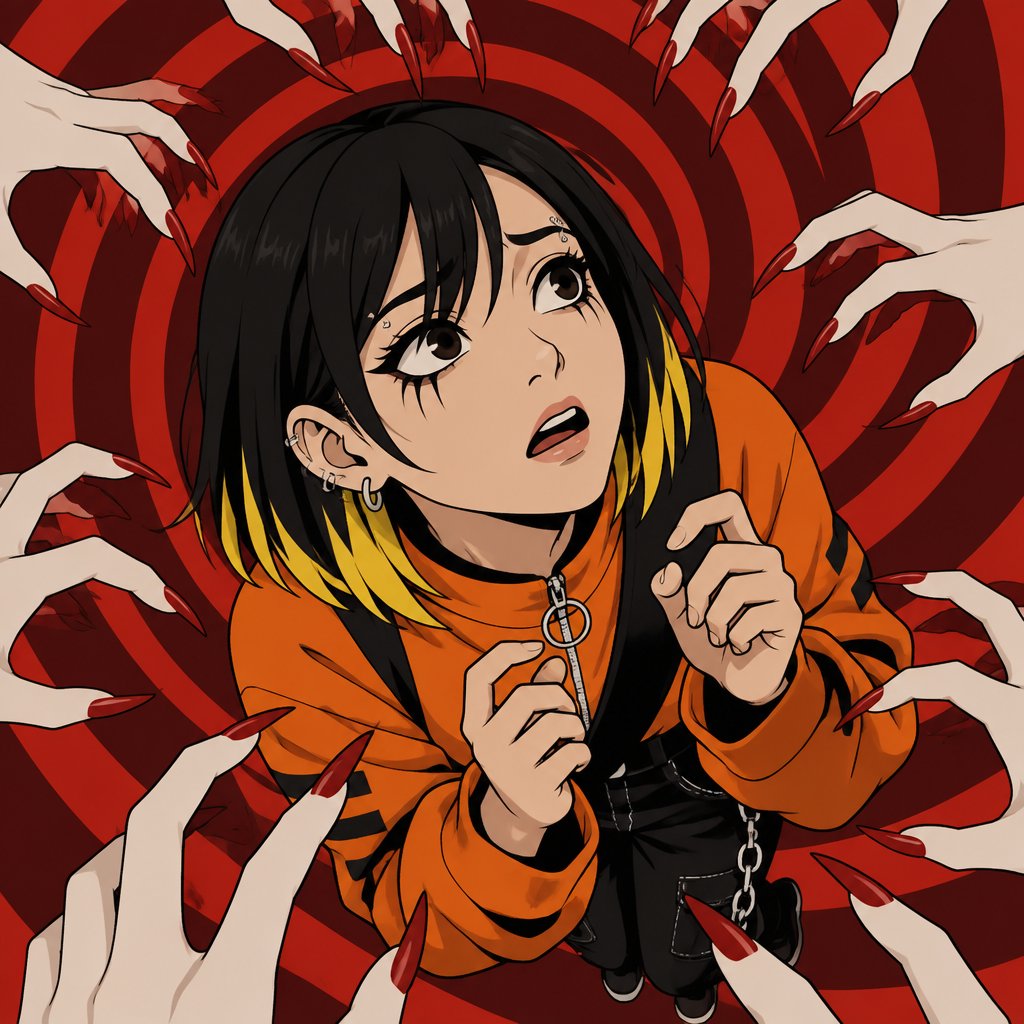 Asian female, with straight black neck length hair, yellow tips, side bangs on one side, eyebrow piercing, under eye mascara, ear piercing, cool clothes orange, looking up scared, red spiral background, hands with pointy fingers and red tips going towards her