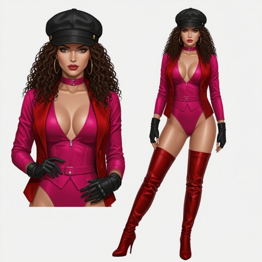Dark Brown Frizzy Haired Spy Thief in a Tight Hot Pink Bodysuit Dark Red Thigh High Pump Boots. Black Biker Gloves. Black and Red Newsboy Cap. Matching Red open Vest to her boots