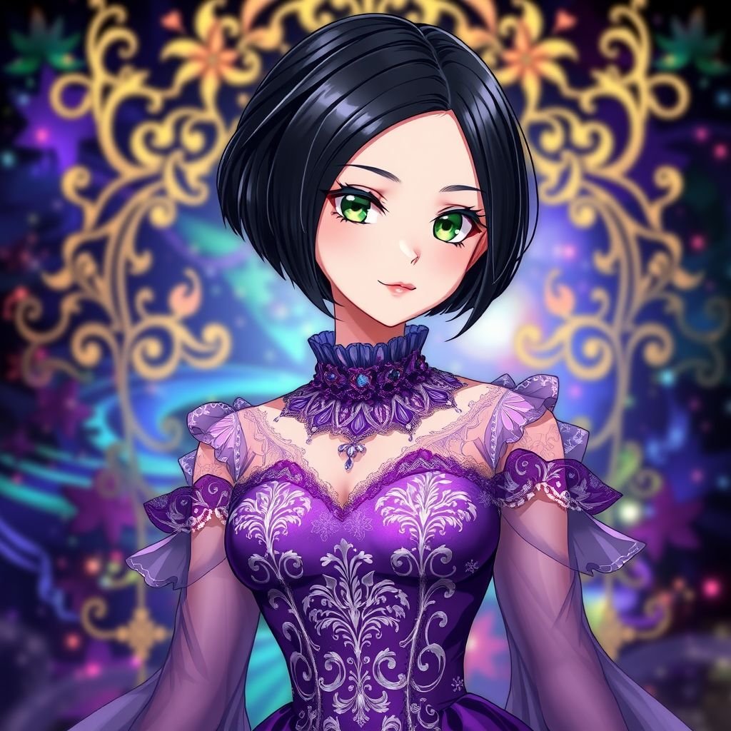 Short black hair. Jade green eyes. Purple fancy dress