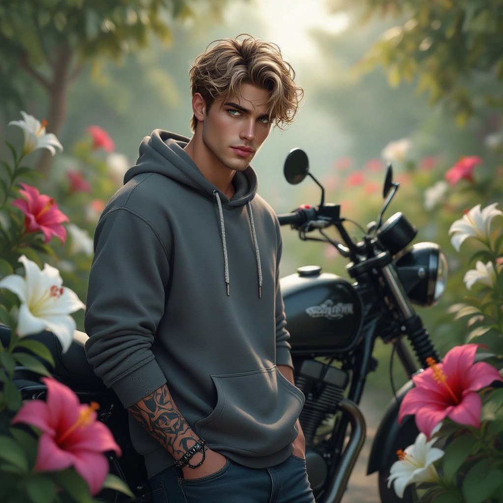 A 19-year-old young man leaning casually against a sleek black motorcycle, parked in a garden surrounded by lilies and hibiscus flowers. He has short, tousled dirty blonde hair and striking green eyes laced with gray, as if wearing contacts. His build is lean but muscular, with broad shoulders and defined arms beneath a fitted gray hoodie. His olive skin contrasts with the soft floral background. He keeps his hands in his pockets, exuding quiet strength, jaw sharp, gaze distant and moody. A black skull tattoo is visible on the back of his right hand, adding a rebellious, dangerous edge. Cinematic, photorealistic detail, dramatic atmosphere, soft natural lighting.