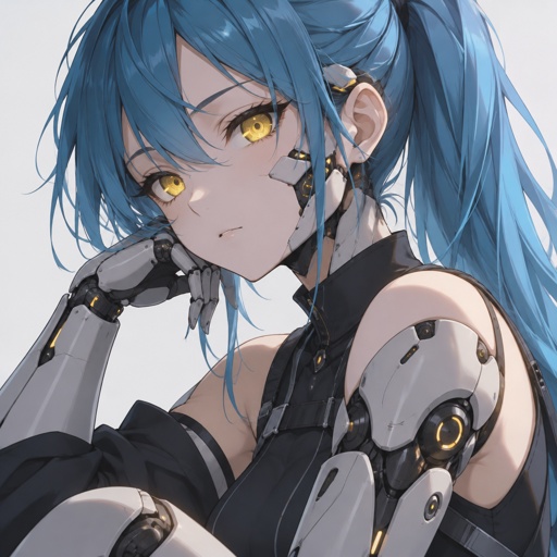 Cyborg, teenage girl,ocean blue hair in a ponytail, yellow eyes