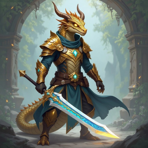 Golden Dragonborn with a missing tail. He is a hex blade warlock with a blue and gold short sword