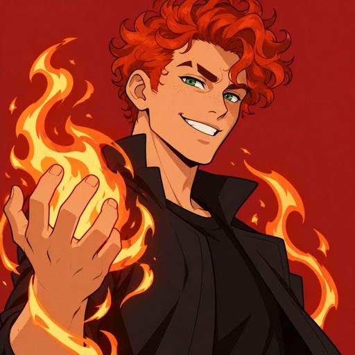 Male,red curly hair looking like fire,grinning,right eyebrow shaved in middle,green eyes,has fire powers 
