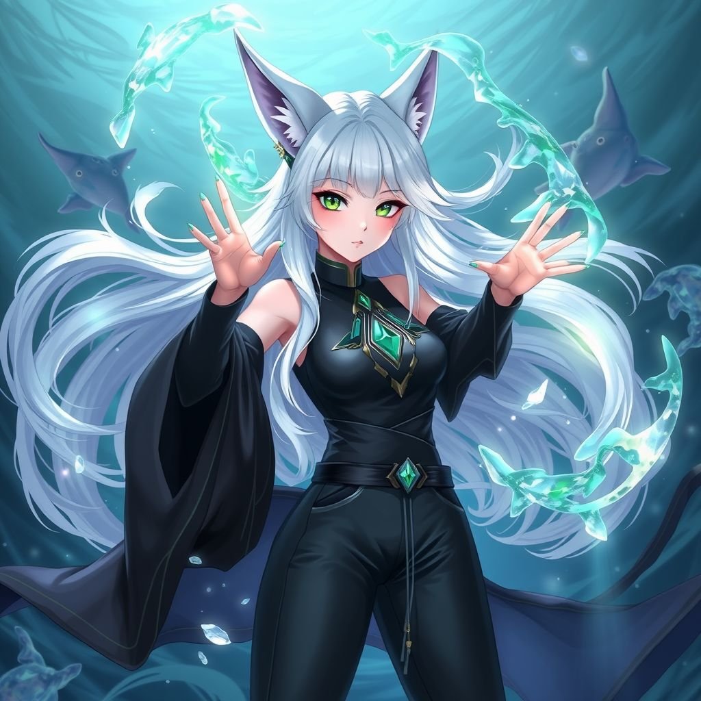 A teenage girl with pale skin and emerald eyes wearing black royal top and trousers with long white hair and small fox ears conducting ice in the depths of the ocean