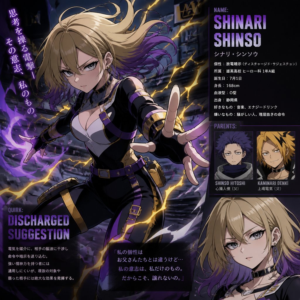 Adult girl with blone hair with purple tips and ash gray eyes wearing pro hero outfit and the daughter of shinso and denki from my hero academia