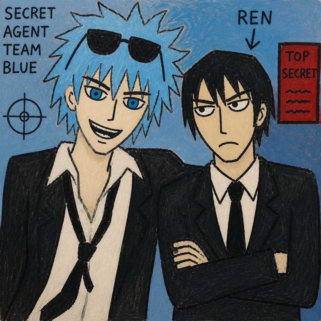 Comic Anime Agent Rockwell very poof up messy hair half side longer and drooped down hair is a light blue skin color white, very bright blue eyes, wears a suit tie is loose, he doesn't wear his jacket his collar to his shirt is uneven sunglasses on his head He's know for his mischievous and reckless behavior but takes missions very seriously is one of the best agents they have Ren is Rockwell's partner is very serious and organized opposite of Rockwell, get very annoyed at Rockwell's behavior they tend to argue with each other but Rockwell is more of having fun