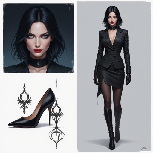 Show character head to toe. Create a mid age mysterious woman jet-black hair is cut sharpand her eyes seem to pierce through darkness. A shadowy aura clings to her form,
