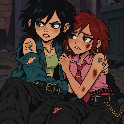 Female, teen, freckles, dark green eyes, cyan ray shadow, ear piercings, angry, choppy black neck length messy hair, bangs on one side of face, cyan jacket with shoulder holes, light green crop top, yellow heart tattoo with a blue moon inside on shoulder, baggy pants, belt with dark and light green triangles, gold necklace, Female, teen, freckles, dark green eyes, hot pink eye shadow, hoop earrings, choppy red neck length hair, bangs on one side of face, sleeveless button up pink shirt, pink tie with gold clip, blue heart tattoo with a yellow sun inside on shoulder, baggy pants with gold chain, two belts with dark and light pink triangles, injured, black haired girl worried holding red haired girl, twins