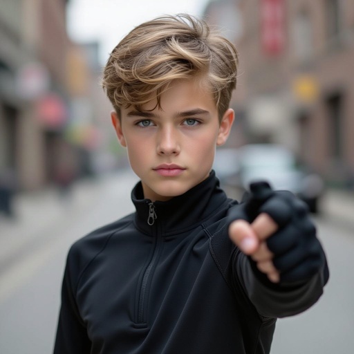 Dirty Blonde short hair teenage boy with dark training outfit on and a training hand used weapon 