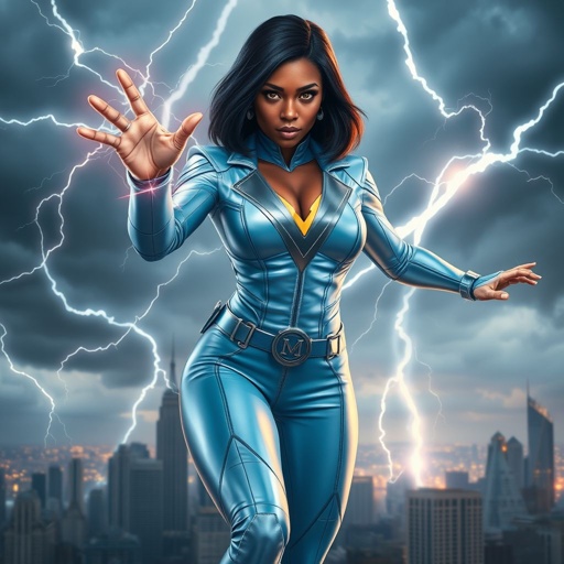 African American female superhero with hair in a shoulder length side part hairstyle with pure Gold glowing eyes wearing a leather light blue white and silver suit with light blue pants and silver boots and a V as her chest emblem controlling a storm in Philadelphia