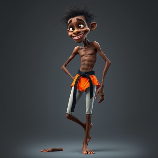 Create a character who looks like a funny African karate guy who doesn’t have a clue what he is doing. Make him have weird toes, only speedos on and a black karate belt. Make him tall skinny and slinky.
