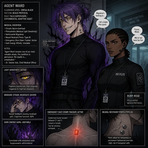 Anime style, Agent Ward a male, made in a secret lab to be best weapon and good at everything, highly skilled,be kept in check and have an emergency backup in case he gets out of control, Wards hair a messy bun hair color violet, is clean shaven, yellow night vision eyes, sharp teeth,has a dark power energy from experiments,best agent, in late 20s, tired, tall, eyes sensitive to light, easily migraines, likes making jokes, mischievous and dangerous,grins, hates being told what to do, intimidating, laugh like a maniac cares about his partner ruby rose she's dark skin serious plays by the rules and firm but nice to ward them standing together ruby arguing to wards “stop being so intimidating you’re going to give are suspect a hart attack!” Ward says “what I’m just making the job go faster he’s fun and was very helpful “ he proceeds to laugh ruby says under her breath “this isn’t funny” as a comic 
