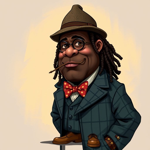 Create a funny fat character similar to Sherlock Holmes, but make him of black decent and with dread locks. Show his whole outfit including his shoes.