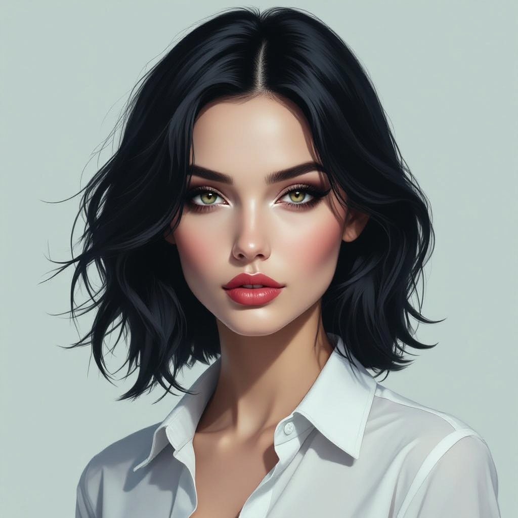 Show character head to toe. Create mysterious woman jet-black hair is cut sharpand her eyes seem to pierce through darkness. A shadowy aura clings to her form,