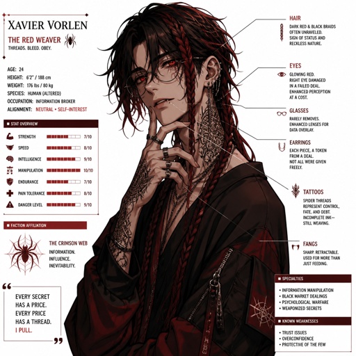 Anime male in his 20s part Asian part white,dark red streaks of black hair messy in a braid clean shaven wearing a loose jacket,is highly skilled,late 20s,tall,migraines,sarcastic ,red glowing eyes,one eye is damaged  serious face has been experiment on,hates people,has power,dangerous hates being told what to do, glasses,loves spiders,earrings tattoos,agrees to help people but on his terms or for a price hard to figure him out doesn’t remember anything from his past before the experiment,long scary fingers,spider fangs, trauma
