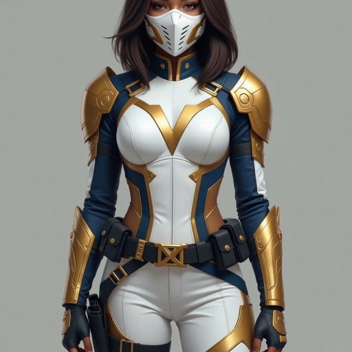 A teenage African American female with shoulder length hair  in a side part style superhero  wearing an armored MASK and a slightly armored white and gold suit with blue accents and white pants and a stylized V as her chest emblem a utility belt and gold boots