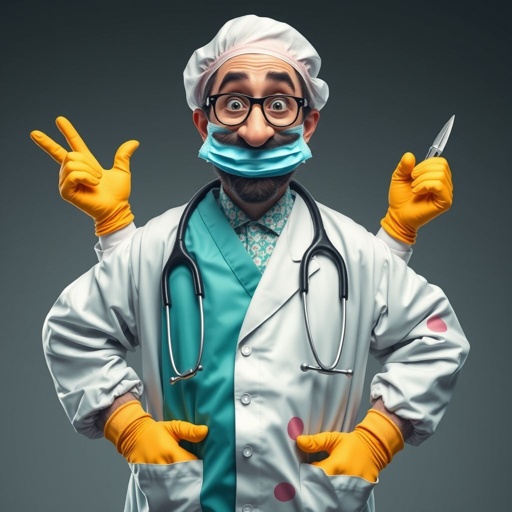 create a doctor. Who is funny human looking from head to toe. And he always immediately results to surgery for anything even small things. So please be sure to show his whole outfit head to toe. Make him have only 1 tooth