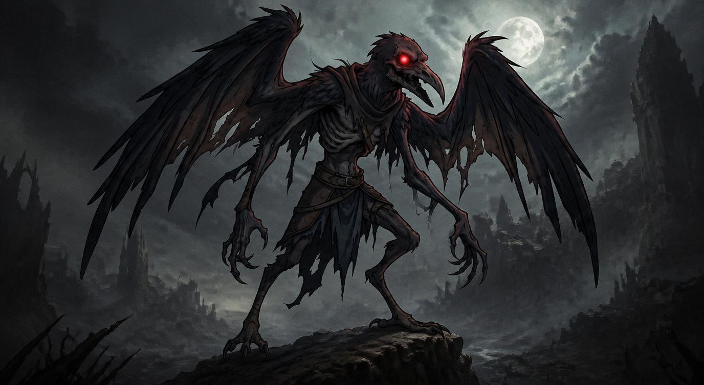 Dark fantasy winged creature standing on a rocky peak beneath stormy clouds