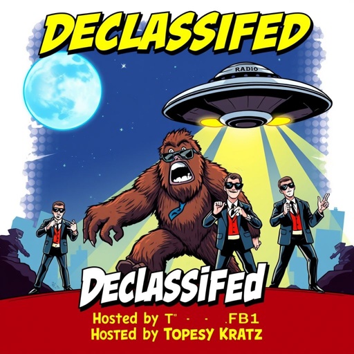 A poster for a radio talkshow called declassified hosted by Topsey Kratz. Topsey Kratz isn’t on the poster, but what is is the word declassified at the top of the poster underneath the word declassified or the words hosted by Topsey Kratz. also on the poster is a Bigfoot being abducted by a UFO as FBI agents wearing sunglasses. the image is at night with a big blue moon