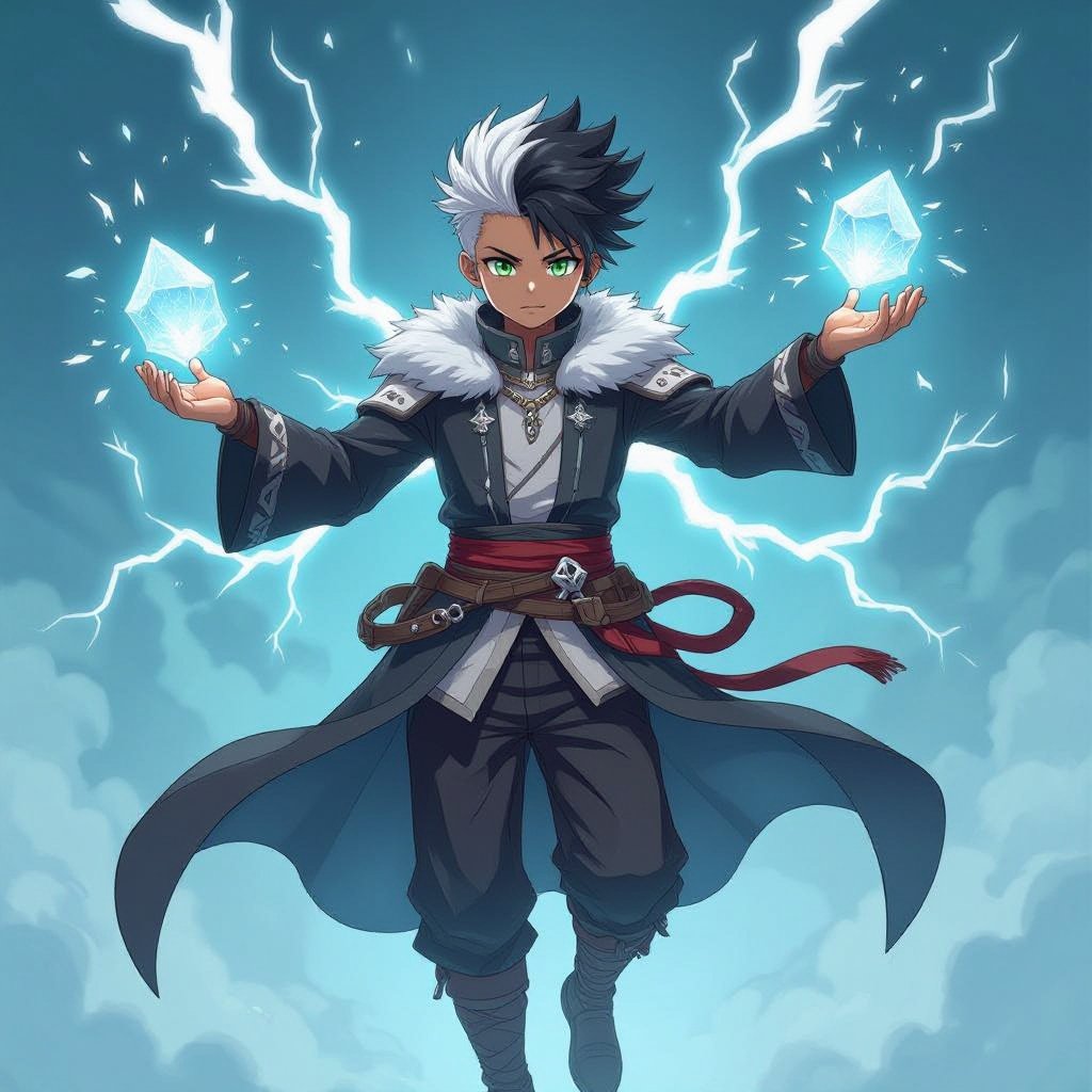 A full body picture of a 15 year old black male with a kind of covered white undercut and green eyes. Give him a gray mage/assassin outfit with fur. Have him floating surrounded by lightning bolts. Give him a crystal that floats from his upside down left hand 