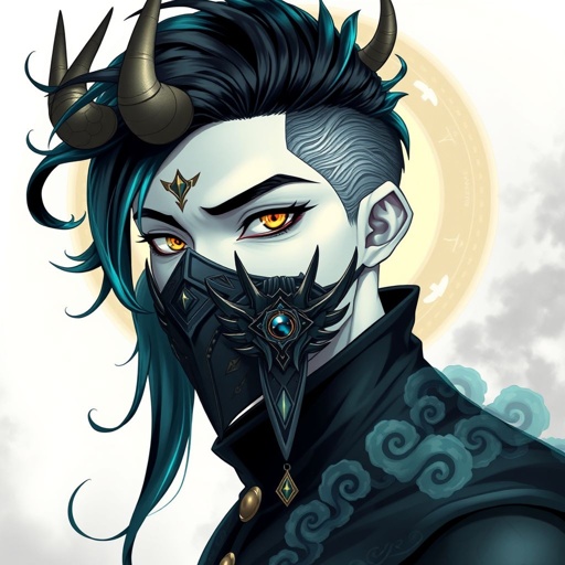 A pale young man with black hair and teal-coloured highlights with golden eyes. Wears a dark, close-fitting outfit adorned with cloud patterns, and a mask inspired by exorcism rituals, featuring horns and a centre eye. His design incorporates elements of antiquity and ethereality, balancing practicality with a sense of otherworldliness.