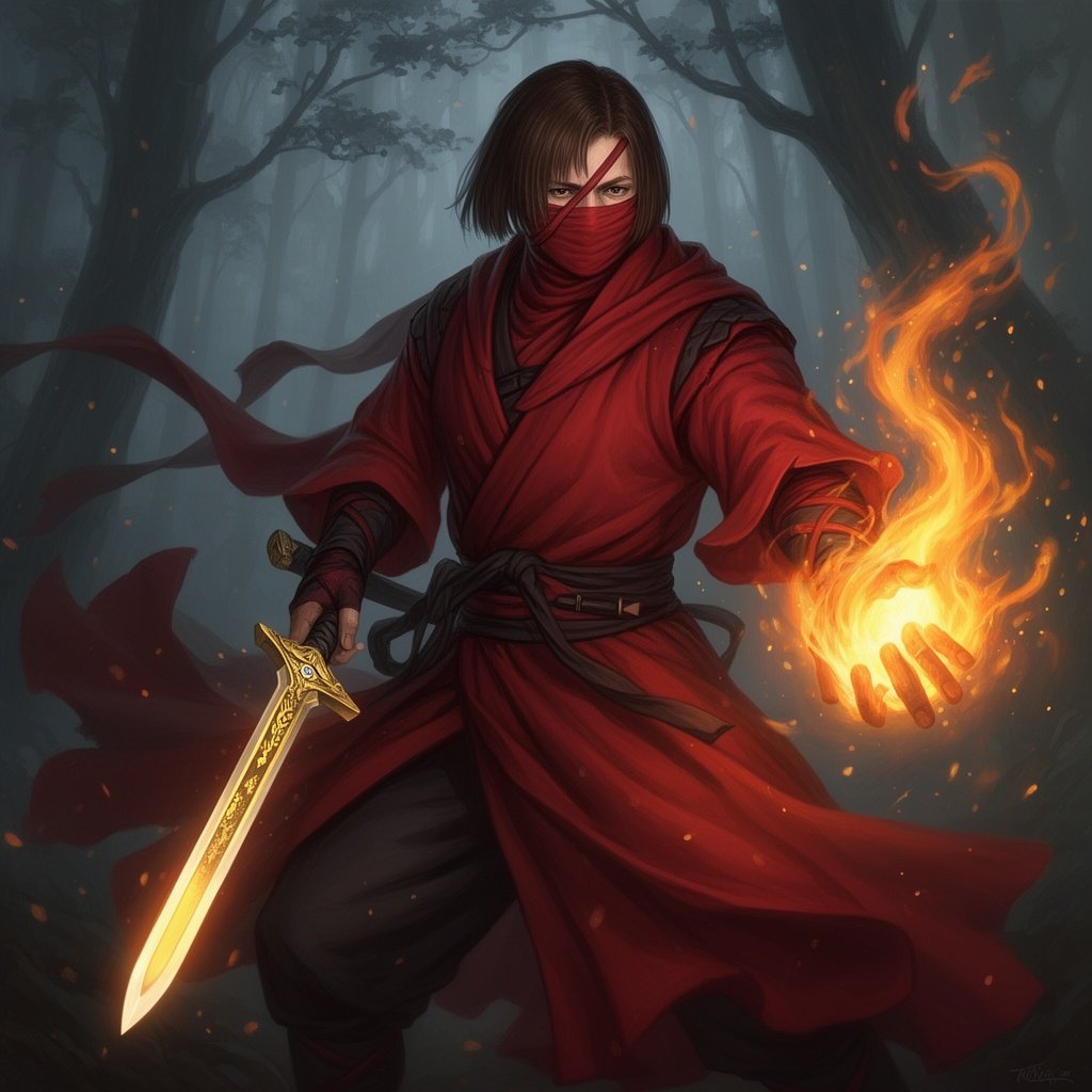 Ninja wearing red clothing, scar over left eye with medium length fringe, holding a golden sword in one hand and a flame in the other