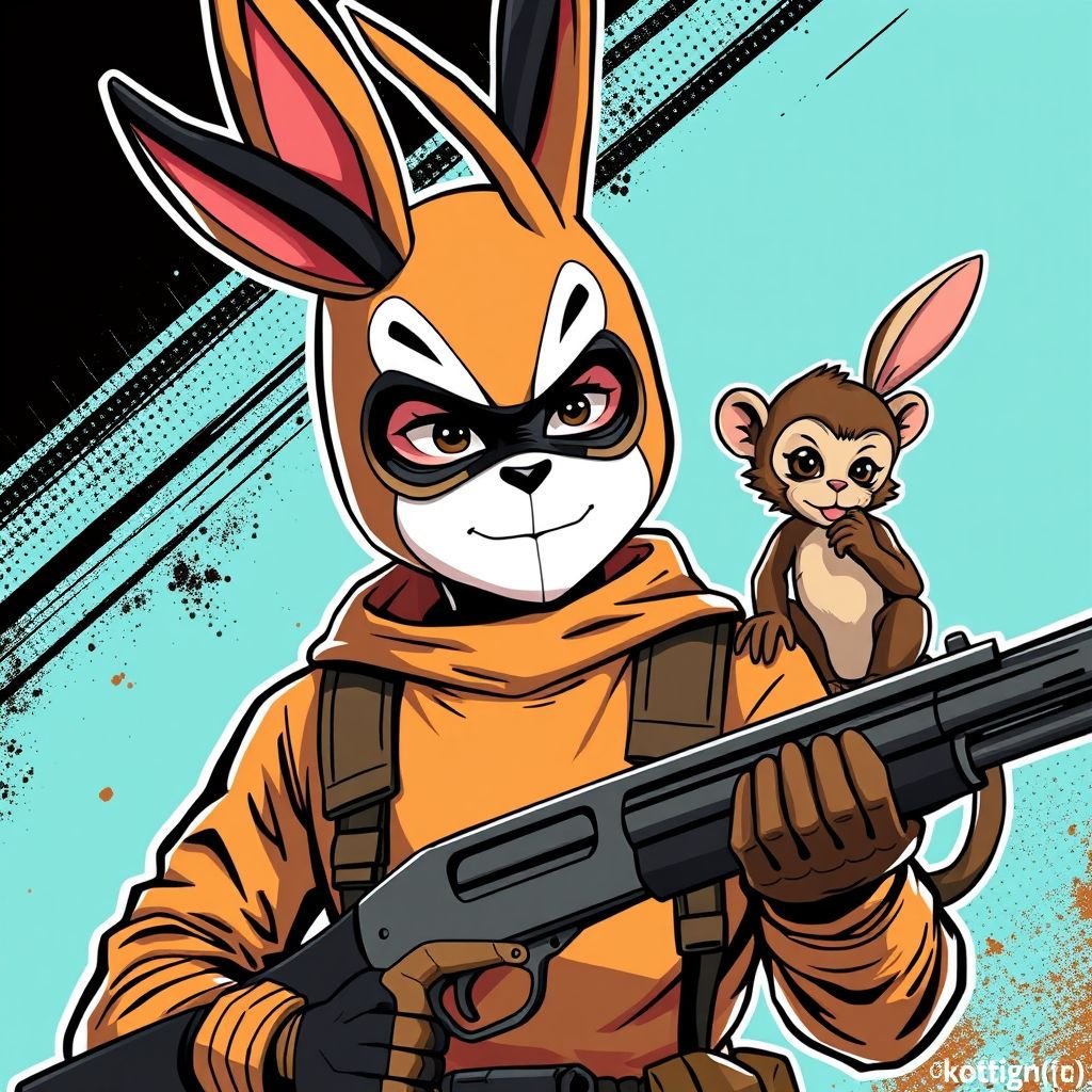 a young boy 5’6 with a tan bunny mask the mask is half black on one safe and the other is what and he has a pet monkey on his shoulder and the bunny mask has camera in it and he is holding his shotgun along with the monkey on his shoulder holding a mini baby bunny