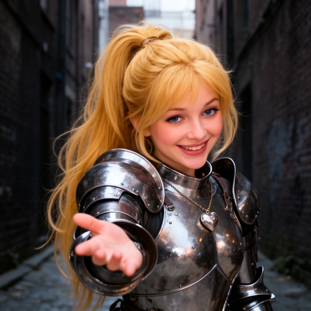 A beautiful girl with long golden hair tied up in a pony tail wearing heavy armour she has peachy skin and nice blue eyes. She has a massive smile on her face with a heart pendant hanging from her neck. She is in a dark alleyway offering a hand to the camera looking down as if the camera is on the floor looking up.