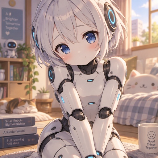 Little robot girl, shy, friendly 