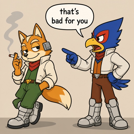 Super smash brothers Fox from star fox as a human, Falco from star fox as a human, there both humans,fox as a human smoking and Falco as a human scolding fox for smoking saying “that’s bad for you “