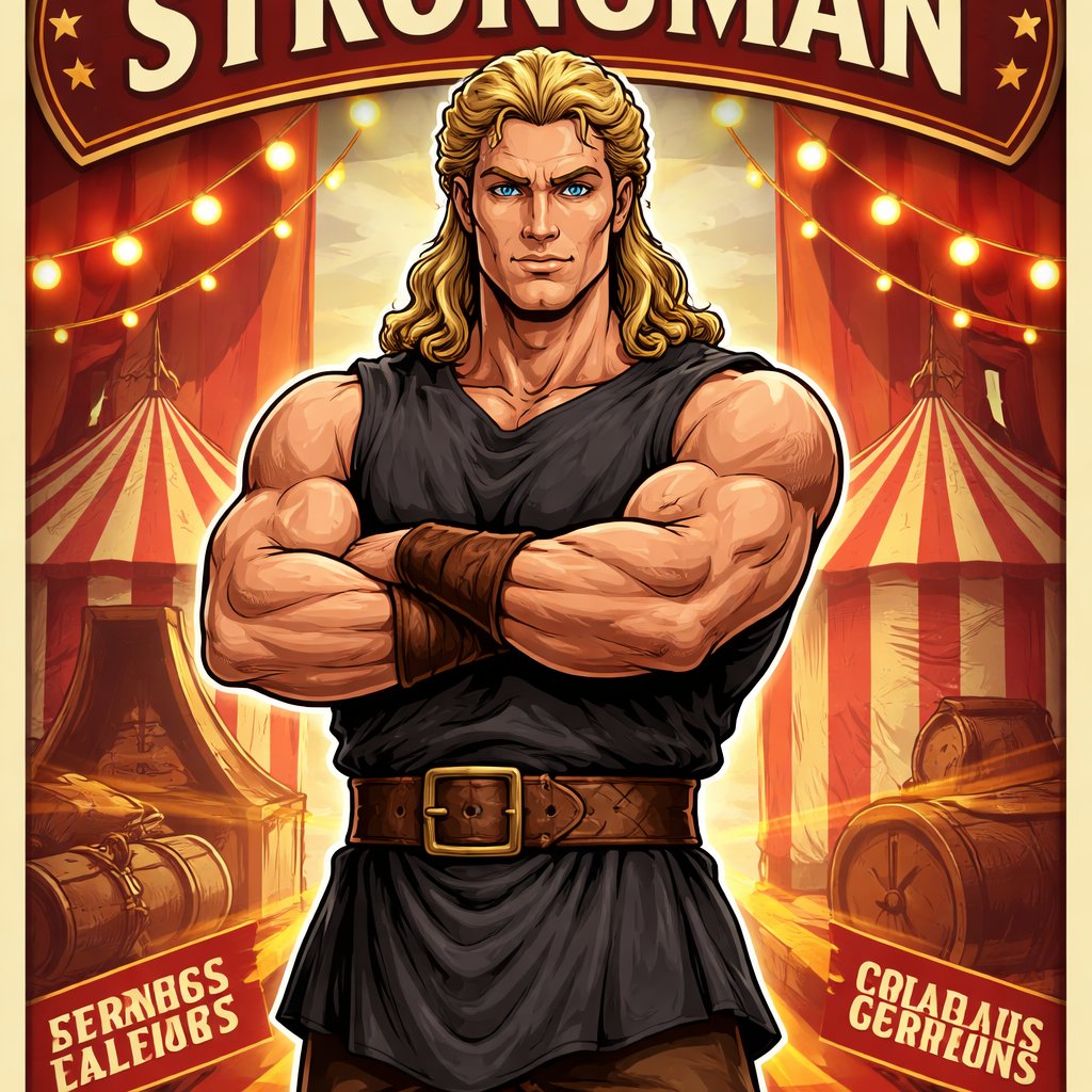 A tall well~proportioned male, so handsome he looks like a Greek god with muscles. With deep-set blue eyes and strong brows, hinting at inner depth“. His hairstyle is a blonde mullet. He works at freak show as a strong man. His outfit consistsed of a Charcoal-toned sleeveless Greek tunic, thick leather belt, leather wristbands/cuffs, brown pants.