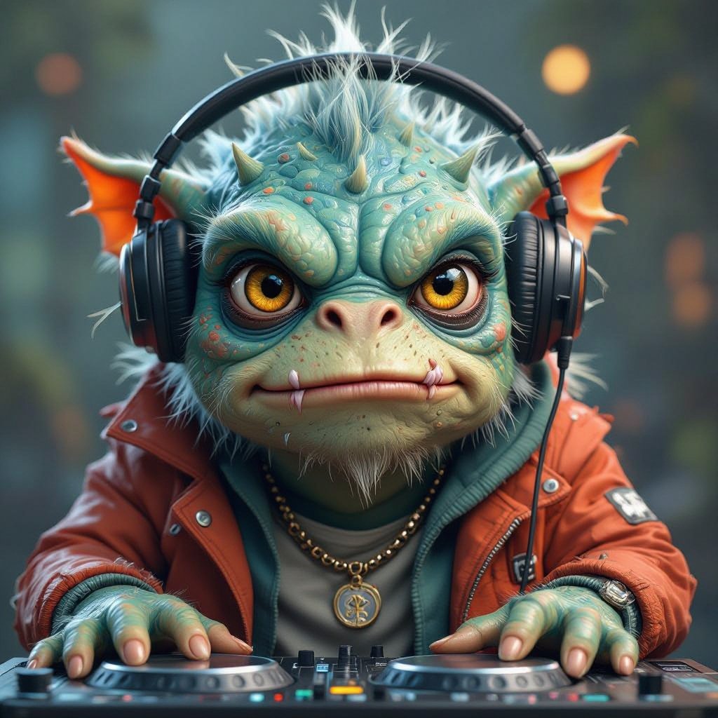 Create a funny looking monster dressed like a dj kinda with square face