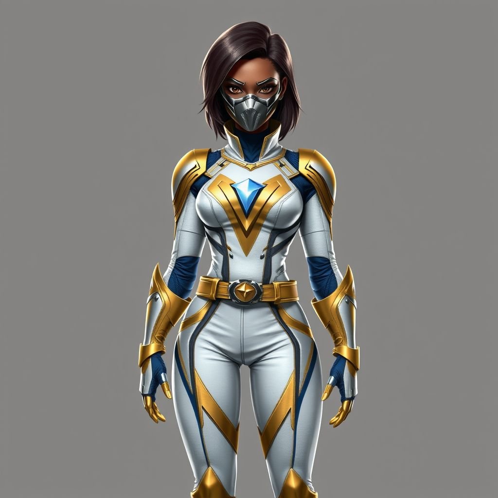 A teenage African American female with shoulder length hair  in a side part style superhero  wearing an armored MASK and a slightly armored white and gold suit with blue accents and white pants and a stylized V as her chest emblem a utility belt and gold boots