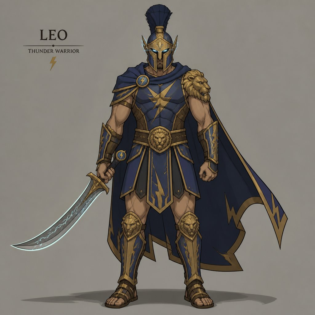 thunder warrior named leo, curved sword, crested helmet