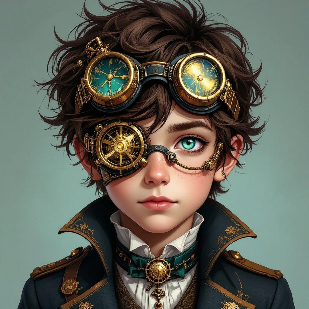 Dark mysterious character teenager boy,with a golden eye and bluish greenish eye 
