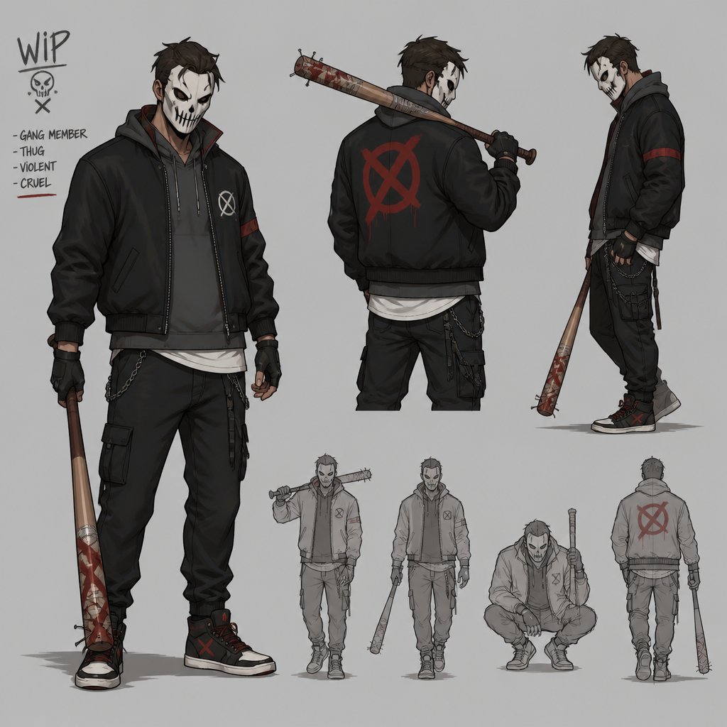Male Villian, mask, gang member, uses a bat, wip, multiple of the same character