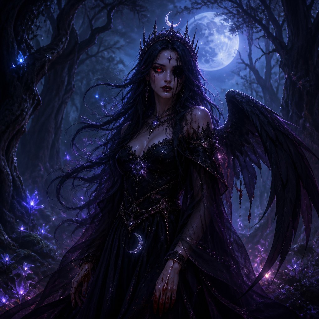 Princess Luna Blood Height: 5” Weight: 75kg Age: 1000 (looks 15 Earth years) Eyes: Red with Grey flecks (Both Iris) One eye Black (Sclera) Gender: Female Bra Size: C cup Species: Fallen Angel / Dark Witch Home Planet: Eden (Void) AKA: The Night Princess